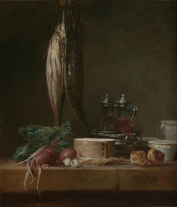 Natura morta con pesce, verdure, gougères, pentole e ampolle su un tavolo da Jean Baptiste Simeon Chardin